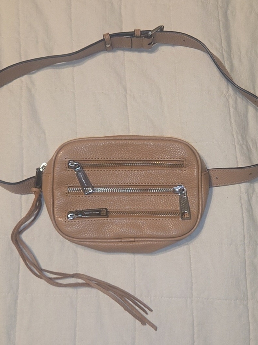 Rebecca Minkoff Beige Leather Waist Pack Belt Bag, 3 Pockets, Adjustable Zip